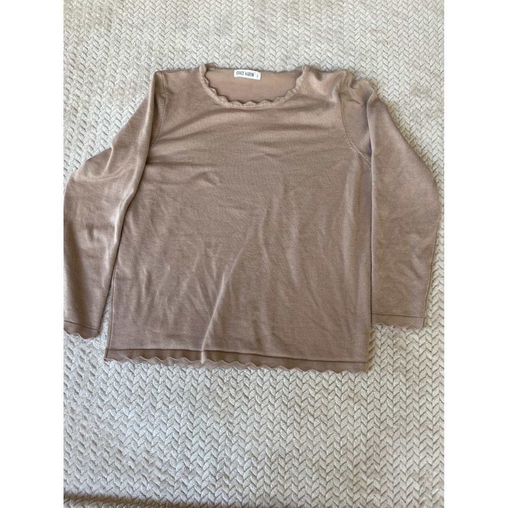 Grace Karin Women Tan Scalloped Trim Long Sleeve Knit Top Sweater 2XL